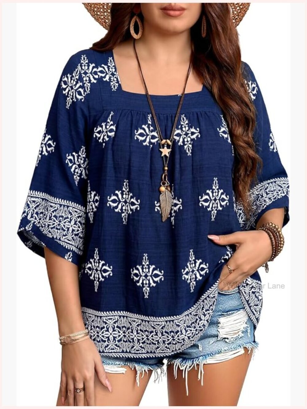 Plus Size Boho Tunic 3/4 Sleeve Square Neck Babydoll Blouse Spring Dressy Casual